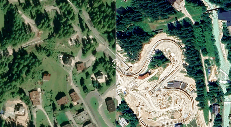 Una vista dall'alto dei lavori per la pista di bob a Cortina d'Ampezzo (Belluno) © Altreconomia / PlaceMarks